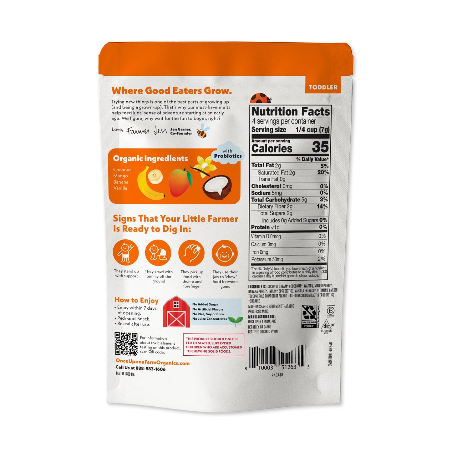 Once Upon A Farm Organic Coconut Melts with Probiotics, Mango Ba-nilla, Dairy Free, Non GMO, Kosher, 1 Ounces (Pack of 8)