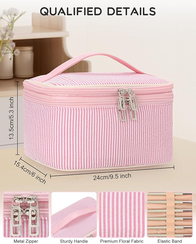 Relavel Large Makeup Bag, Portable Pink Cosmetic Bag for Girls, Dual-layer Makeup Pouch with Brush Holder, Multi-Functional Preppy Toiletry Organizer for Travel, Daily Use - Pink Strip