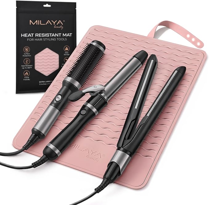 Milaya Beauty Extra Large Heat Resistant Mat for Hair Tools – Silicone Curling Iron Holder & Flat Iron Holder – Non-Slip Hot Tool Mat & Vanity Mat – Vanity Accessories for Women, Salon, Travel