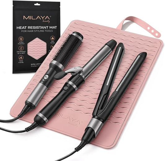 Milaya Beauty Extra Large Heat Resistant Mat for Hair Tools – Silicone Curling Iron Holder & Flat Iron Holder – Non-Slip Hot Tool Mat & Vanity Mat – Vanity Accessories for Women, Salon, Travel