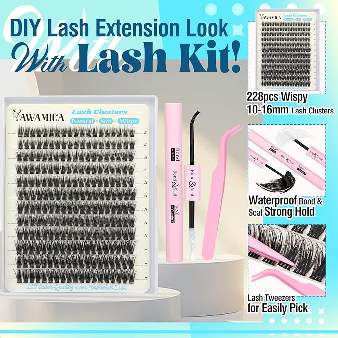 Yawamica Lash Extension Kit Wispy Lash Clusters Kit 10-16mm Eyelash Extension Kit C Curly Eyelash Clusters 228pcs Individual Lashes with Waterproof Lash Bond and Seal Lash Tweezers for Hybrid Look