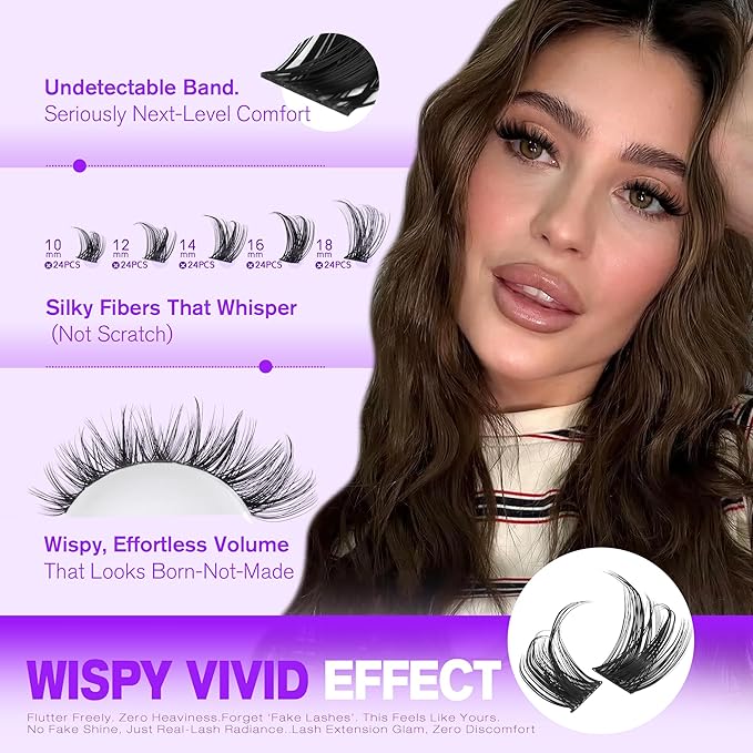 Pawotence Kira Lash Clusters Wispy Cluster Eyelash Extensions 10-18mm Individual Lashes Cluster Lashes Extension Soft Comfortable Eyelash Clusters with Thin Band for DIY at Home