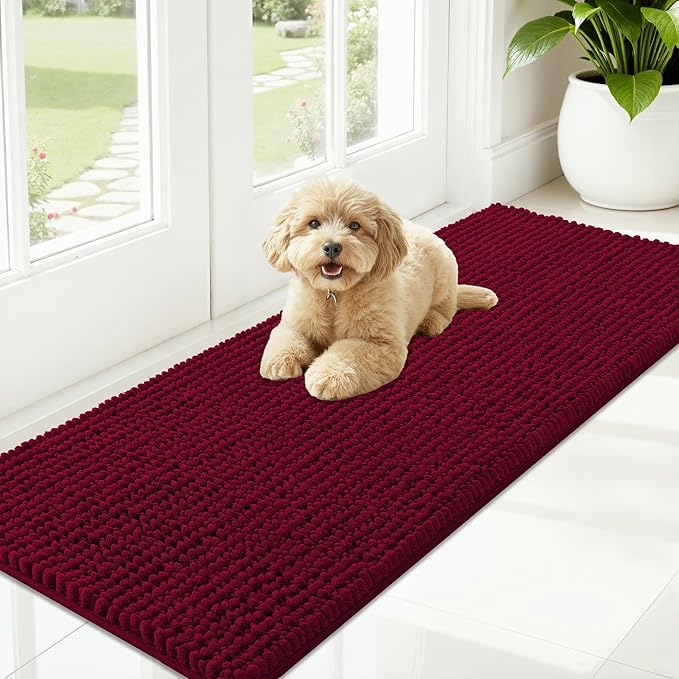 OLANLY Dog Door Mat for Muddy Paws 59x20, Ultra Absorbent Chenille Mud Doormat, Non-Slip Washable and Dirt Trapping Doormat for Indoor Entryway, Quick-Dry Indoor Pet Bed Mats for Dogs, Burgundy