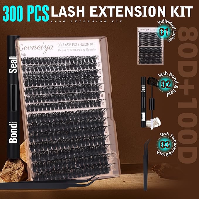 Geeneiya Volume Lash Clusters Kit DIY Lash Extension Kit D Curl Eyelash Extensions with Waterproof Lash Bond and Seal Waterproof Tweezers,10-16MM Cluster Lashes 300Pcs