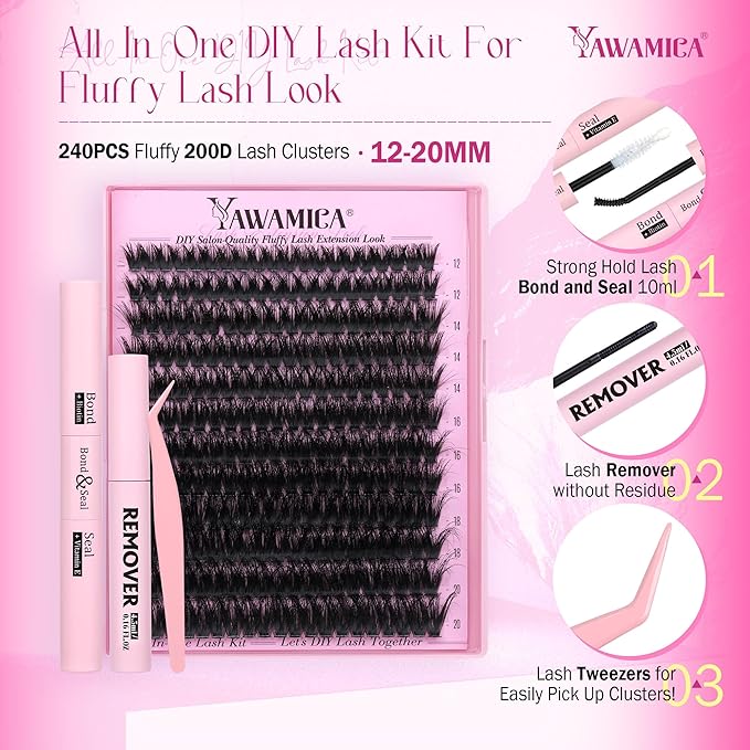 Yawamica Fluffier Lash Clusters Kit with Remover Wispy Cluster Eyelash Extensions 12-20mm Eyelash Clusters 200D Volume Lash Extension Kit D Curly Cluster Lashes with Bond and Seal Remover Tweezers