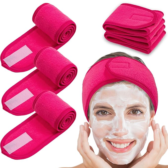 Whaline Spa Facial Headband 4 Packs Head Wrap Terry Cloth Headband Adjustable Stretch Towel for Bath, Makeup and Sport (Rose Red)
