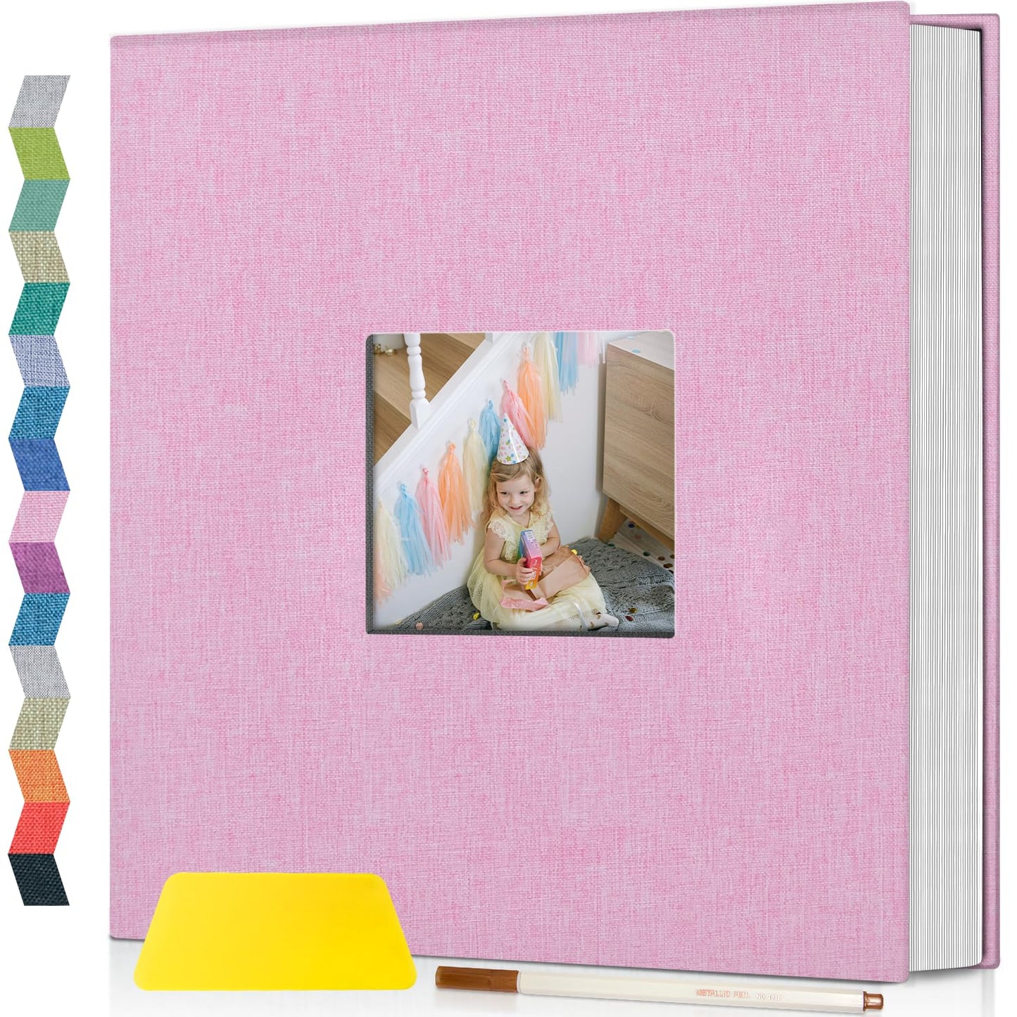 Popotop Photo Album Self Adhesive with Picture Display Window,40 Pages DIY Scrapbooking Supplies Kit for 4x6 8x10 Picture,Linen Cover Memory Book for Baby Wedding, with Scraper and Metallic Pen