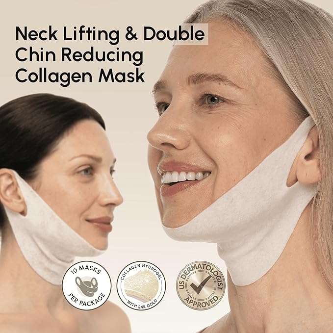 MAREE Chin Strap V Line Lifting Mask - 24K Gold Face & Neck Lift Tape Mask - Double Chin Strap for Sleeping - Neck Wrinkle Patches Reducer & Jawline Shaper for Firming, Tightening & Lifting - 10 PCS