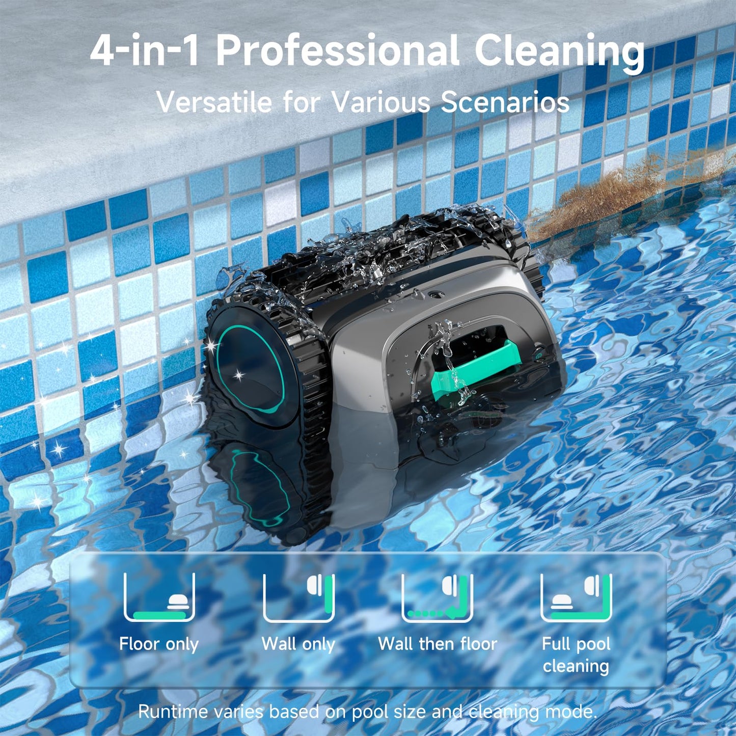WYBOT Pool Vacuum for Inground Pools, 4-in-1 Cordless Robotic Pool Cleaner for Above Ground Pools, Triple-Motor up to 1,614 Sq.ft, Wall & Waterline Cleaning, WiFi & Bluetooth (Grey with Green)