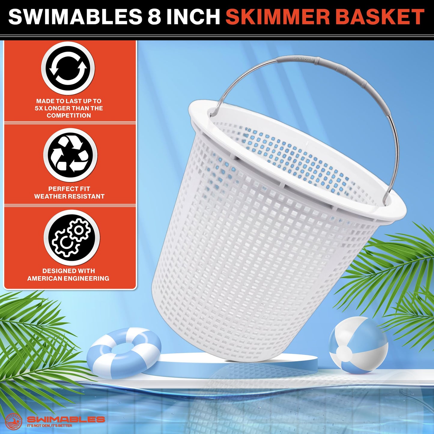 Swimables 8 Inch Skimmer Basket Compatible with Pentair Skimmer Basket 85014500 and S200 Pentair Pool Skimmer Basket | Built-in Brass Weight | 316 Stainless Steel Handle & Convenient Rubber Grip