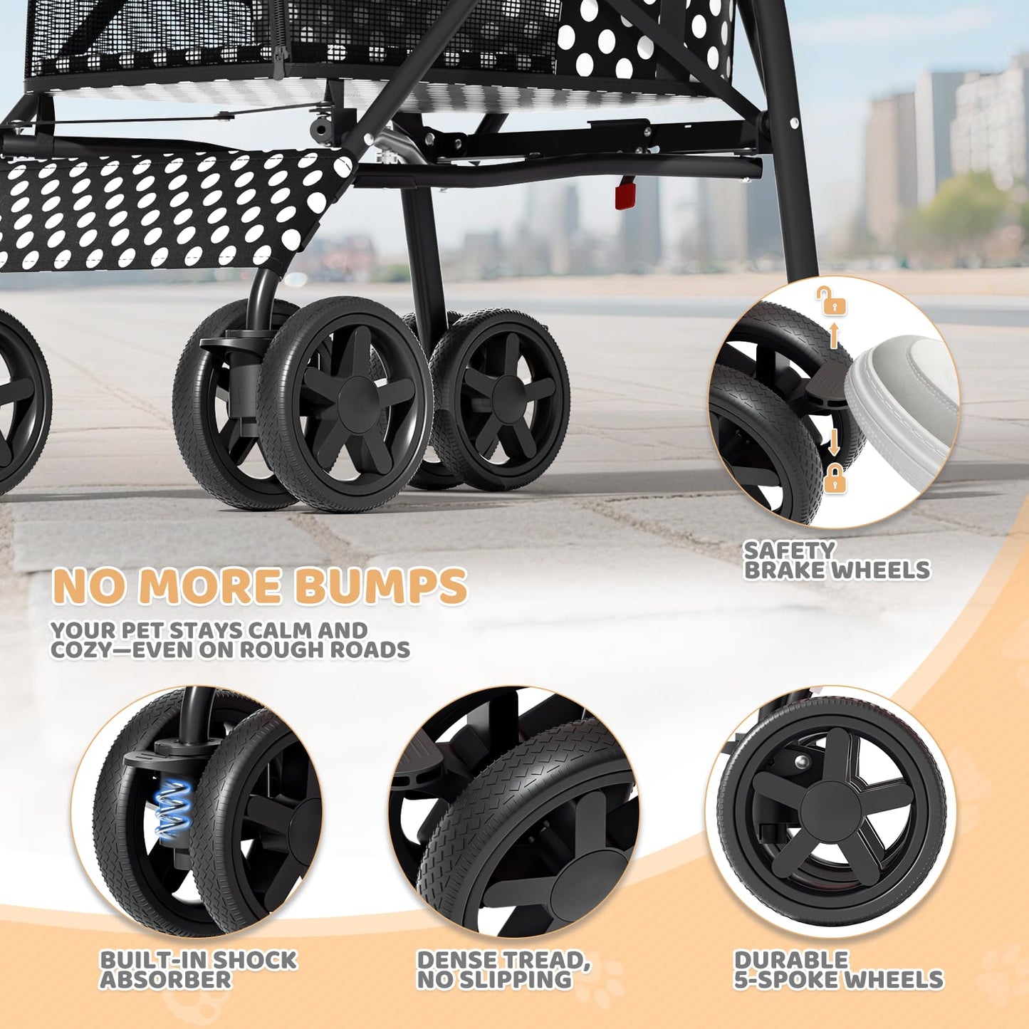 Magshion Compact Pet Stroller for Small-Medium Dogs/Cats up to 22lbs, 4-Wheel Lightweight Umbrella Shaped Portable Puppy Travel Jogger with Breathable Mesh, Cup Holder & Rear Storage, Black Polka Dots
