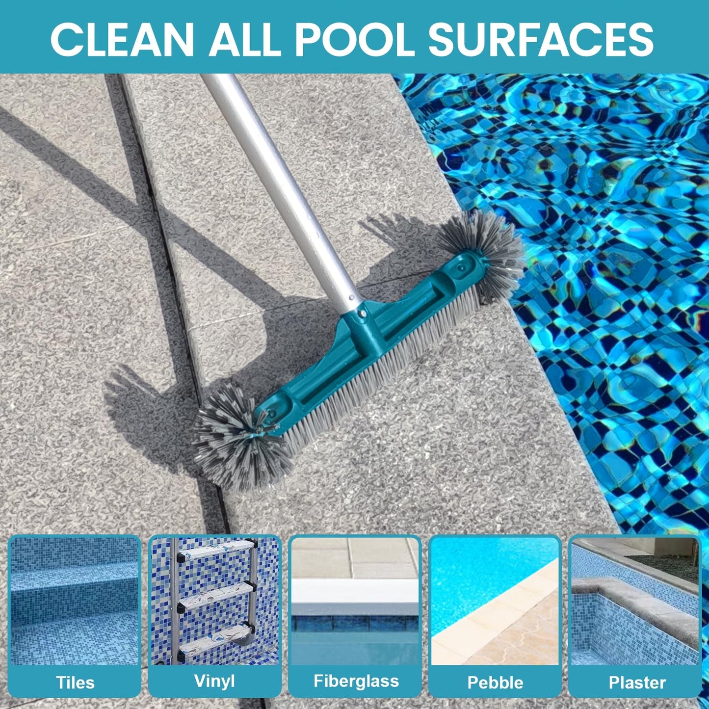 18” Pool Brush Head - Plastic Pool Brushes with Round Ends for Cleaning Swimming Pool Walls, Steps & Corners, Safe for Vinyl Liner(No Pole)