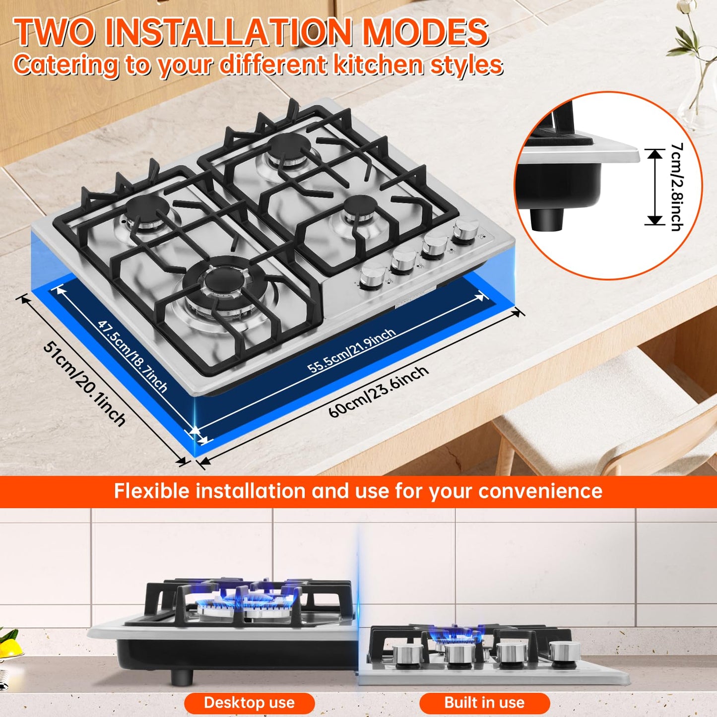 22″x20″ Built in Gas Cooktop 4 Burners Stainless Steel Stove with NG/LPG Conversion Kit Thermocouple Protection and Easy to Clean (20Wx22L)