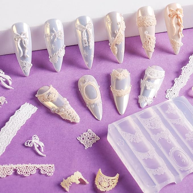 Laza 4pcs Lace Silicone Nail Art Molds, 3D Multiple Shapes Classical Lace Charms Silicone Nail Accessories with Carving Pen Resin Nail Art Mold Manicure Tools for Women DIY Y2k Decoration