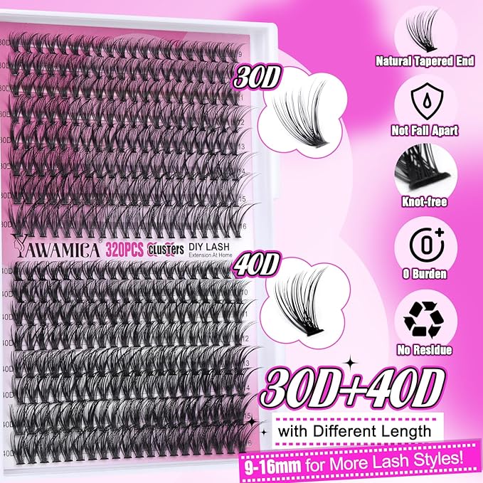 Yawamica DIY Lash Extension Kit 320pcs Individual Lashes Cluster, 9-16mm Mix 30D 40D Eyelash Clusters Wispy Lash Clusters Kit with Bond and Seal and Remover and Lash Applicator for Beginners