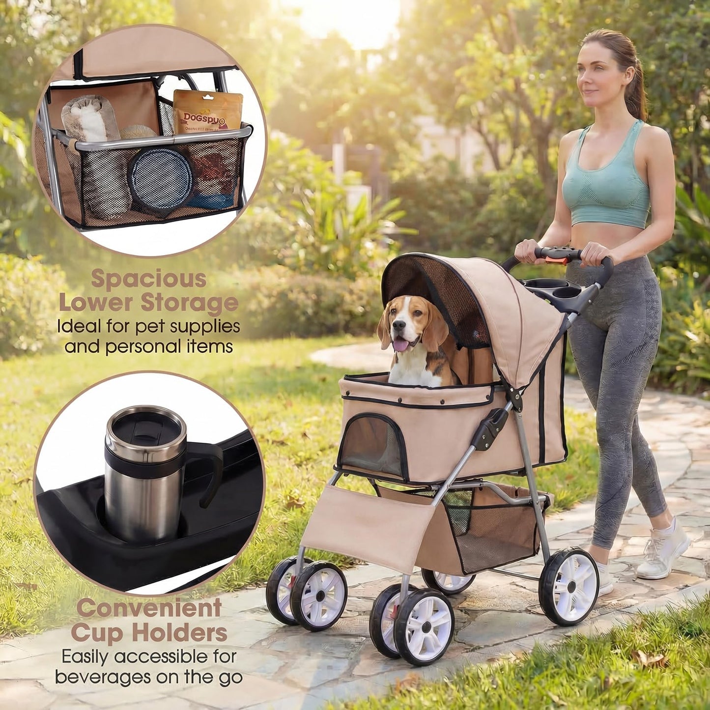 Giantex Foldable Pet Stroller for Small Dogs & Cats, Lightweight Dog Stroller with Lockable Wheels, One-Hand Quick Fold, Adjustable Canopy, Safety Leash & Storage Basket, Pet Travel Stroller, Beige