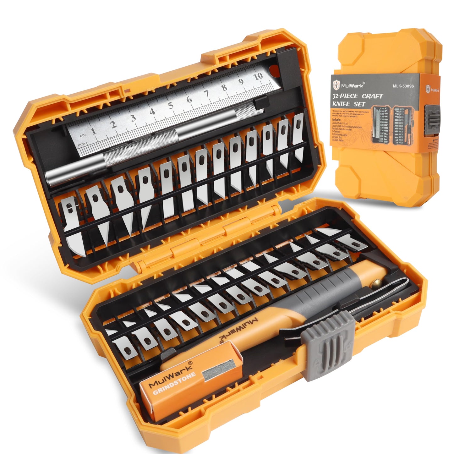MulWark 32-Piece Precision Hobby Knife Set - Exacto Knife Set For Modeling - Craft Knife Handle Customized With Chiseling, Stencil Edge And Fine Point Blades With Sharpening Stone And Steel Ruler