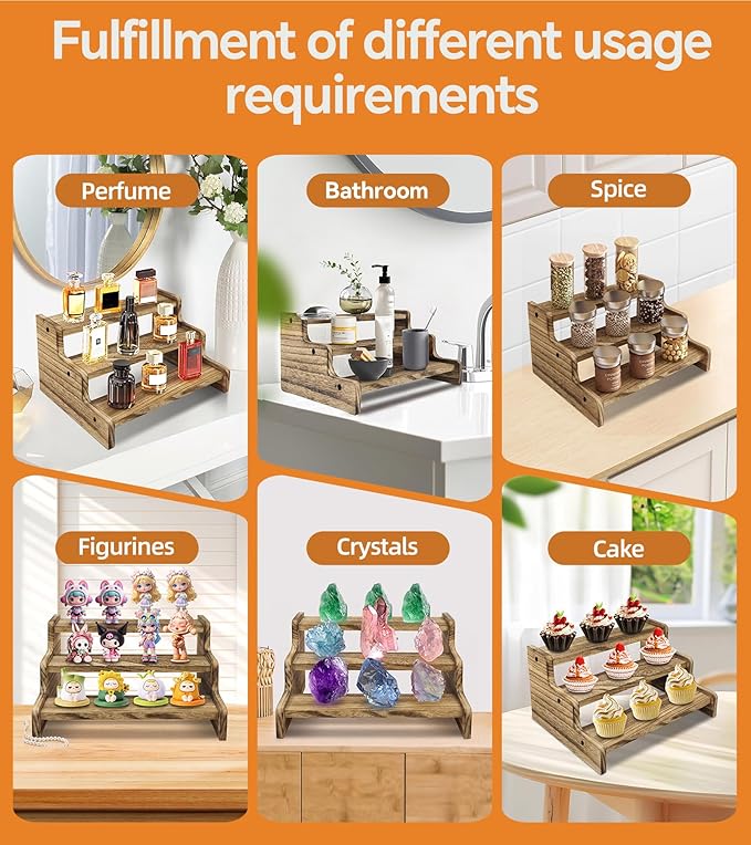 Wooden Cologne Organizer for Men, Perfume Organizer Stand, Cologne Stand with Anti-Slip Washers, Wooden Display Risers Stand for Dessert, Cupcake, Charcoal-Grilled, 3-tier-9.4in