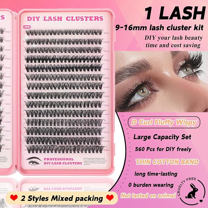 Lash Clusters Kit, 560 Pcs Eyelashes Clusters Kit 9-16mm Individual Lash Extension Kit D Curl Fluffy Wispy False Eyelashes (30D+40D, Lash Clusters)