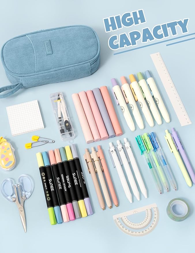 SUNEE Cute Pencil Case, Large Pencil Pouch, Aesthetic Big Pencil Bag with Zipper, Kawaii Stationery Storage and Organizer, School Supplies for Teen and Adult, Boys&Girls, Soft Corduroy Grey Blue
