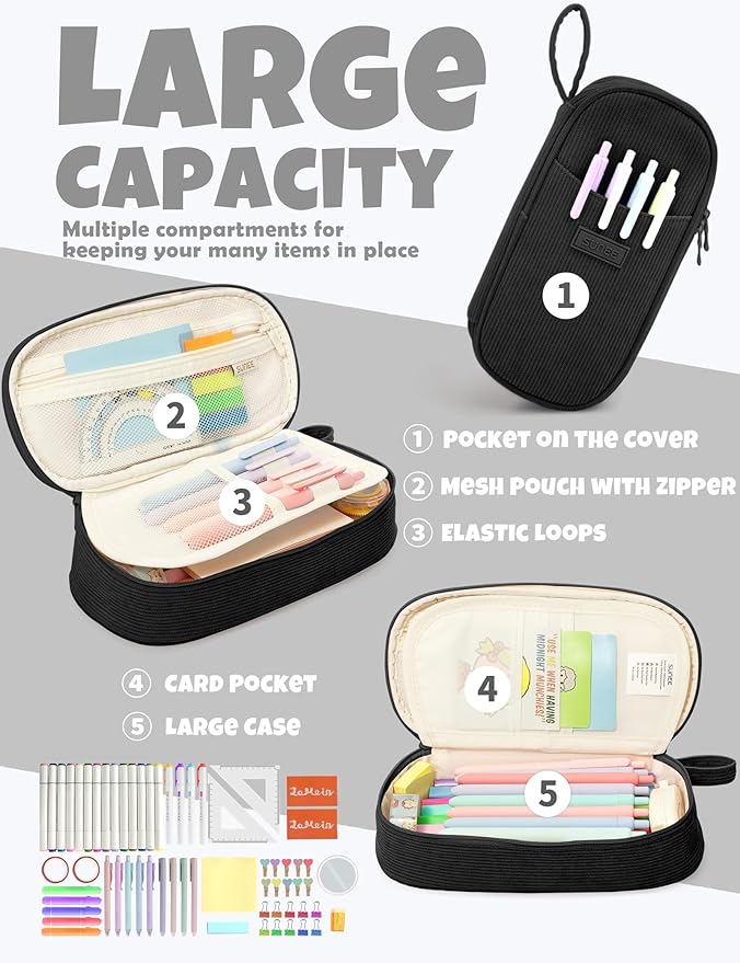 SUNEE Cute Pencil Case, Large Pencil Pouch, Soft Corduroy Aesthetic Big Pencil Bag with Zipper, Kawaii Stationery Storage and Organizer, School Supplies for Teen and Adult, Boys&Girls, Coal Black