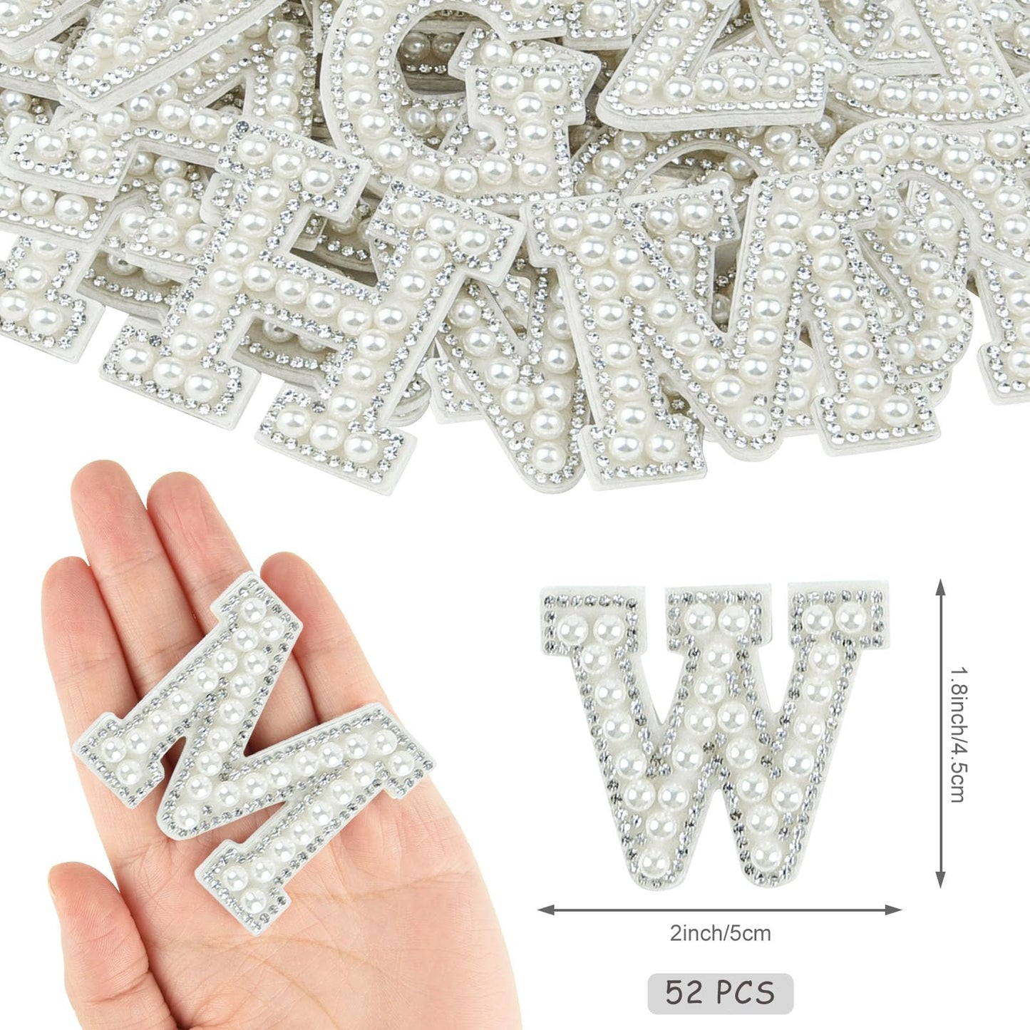 Morcheiong 52Pcs Pearl Rhinestone Letter Patches Self Adhesive A-Z, Stick on Pearl Letter Patches for Clothes, Fabric, Backpack (White)