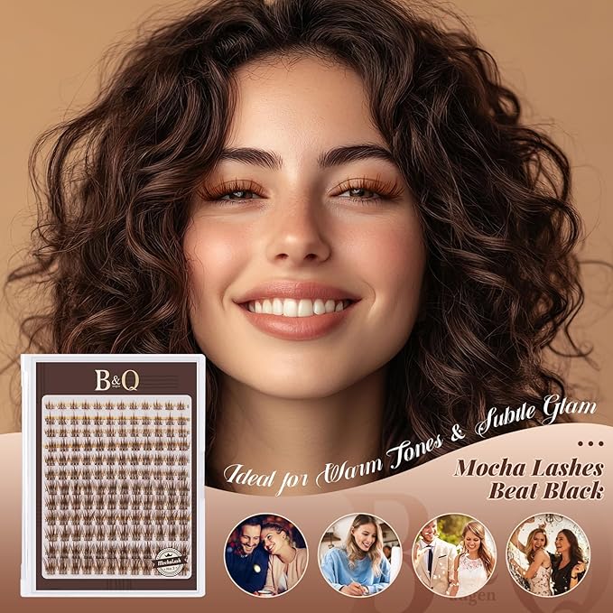 B&Q Brown Lash Clusters Natural Lash Clusters for Light Hair, Reusable MochaLash Cluster Eyelash Extensions Soft Brown False Eyelashes Comfortable Eyelash Clusters Perfect for Occasions（MochaLash 02）