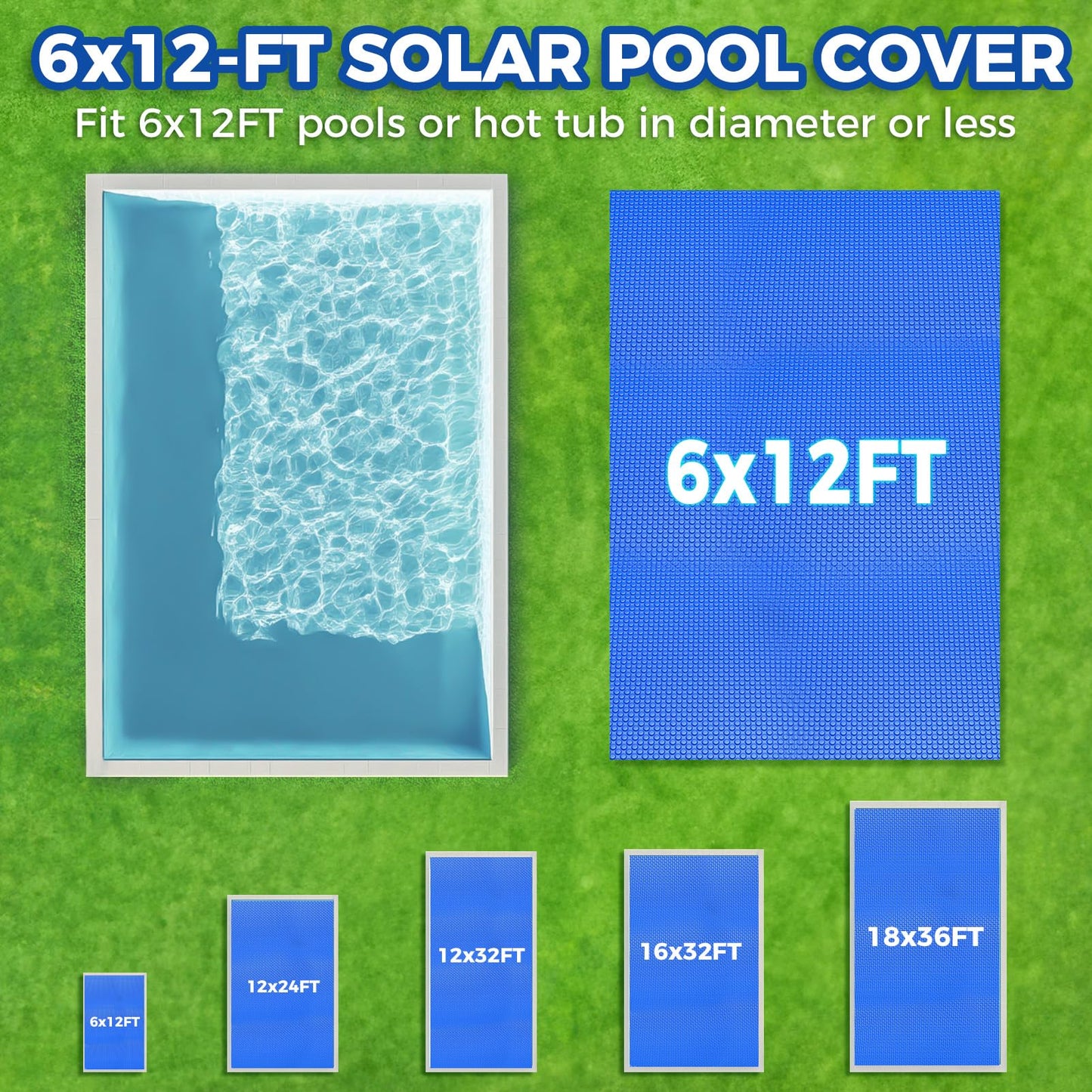 Evoio Solar Pool Covers, 6 x 12 Foot Solar Pool Blankets for Inground Above Ground Rectangular Swimming Pools, Heavy-Duty Floating Bubble Pool Hot Tub Spa Covers Thermal Blanket (6 x 12 Ft)