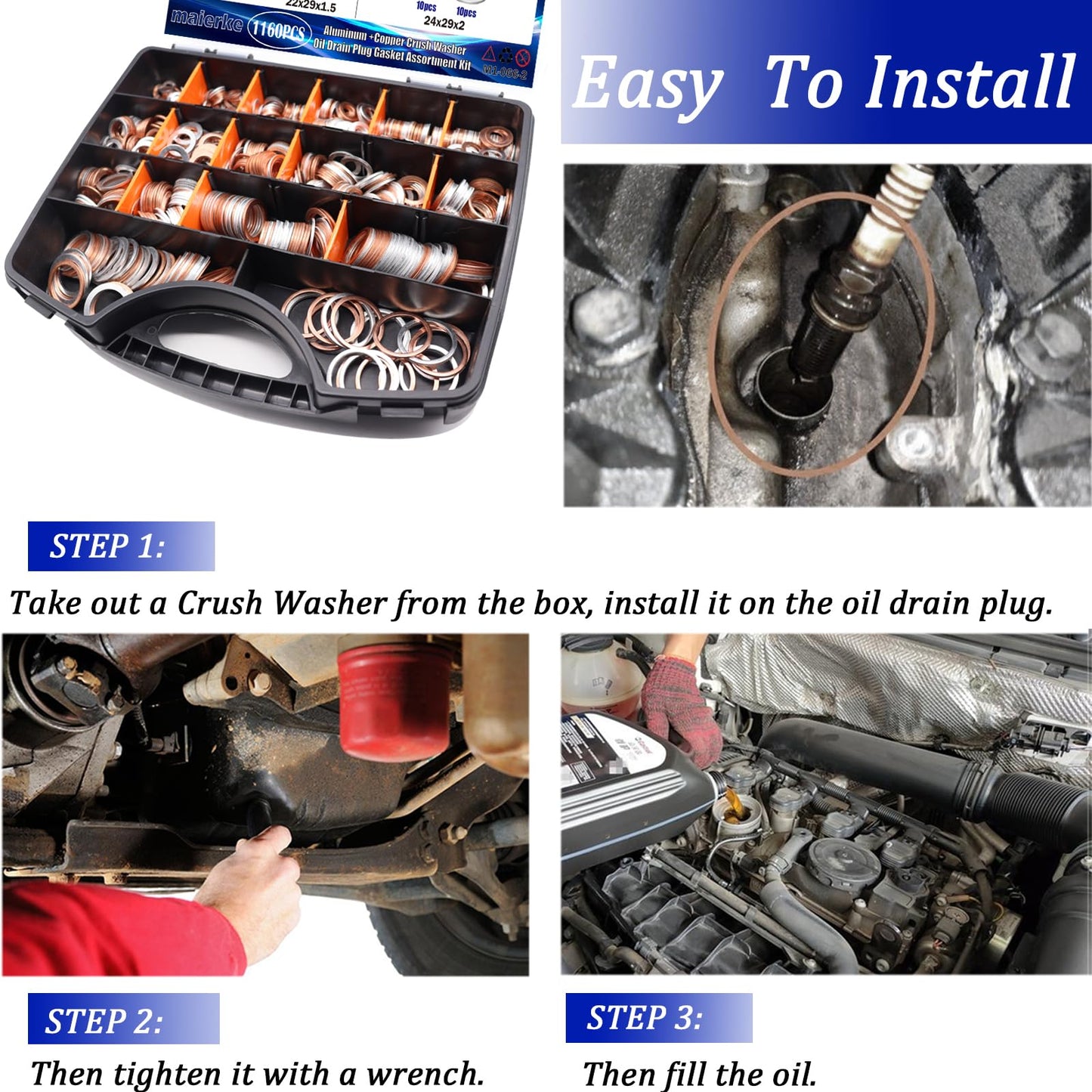 maierke 1160PCS Crush Washer Oil Drain Plug,18 Sizes Copper and Aluminum Oil Drain Plug Gasket Assortment,Automotive Engine Crush Washers (M6 M8 M10 M12 M14 M16 M18 M20 M22 M24)