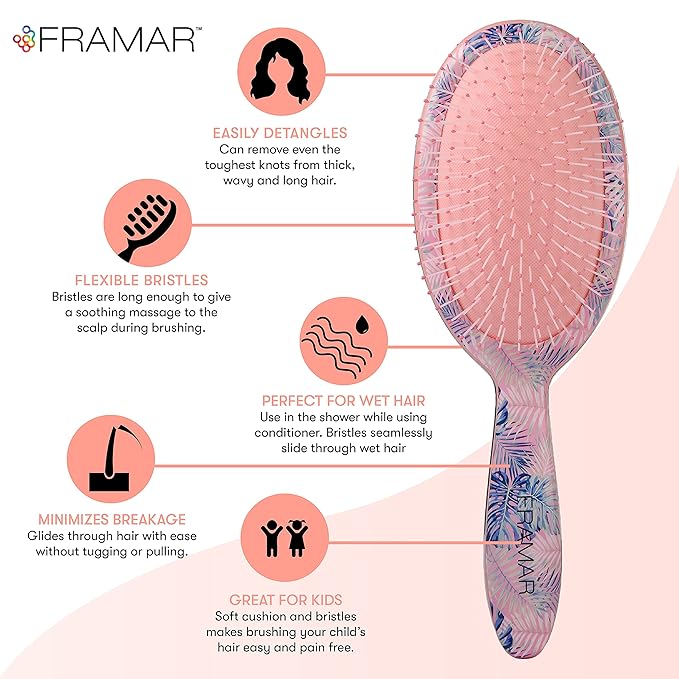 FRAMAR Pink Hair Brush Detangler, Detangling Hairbrush For Women, Wet Hair Brush For Girls, Hair Detangler Brush, Wet Hairbrush, Hairbrushes, Girls Hairbrush Detangler, Reduces Frizz - Floral