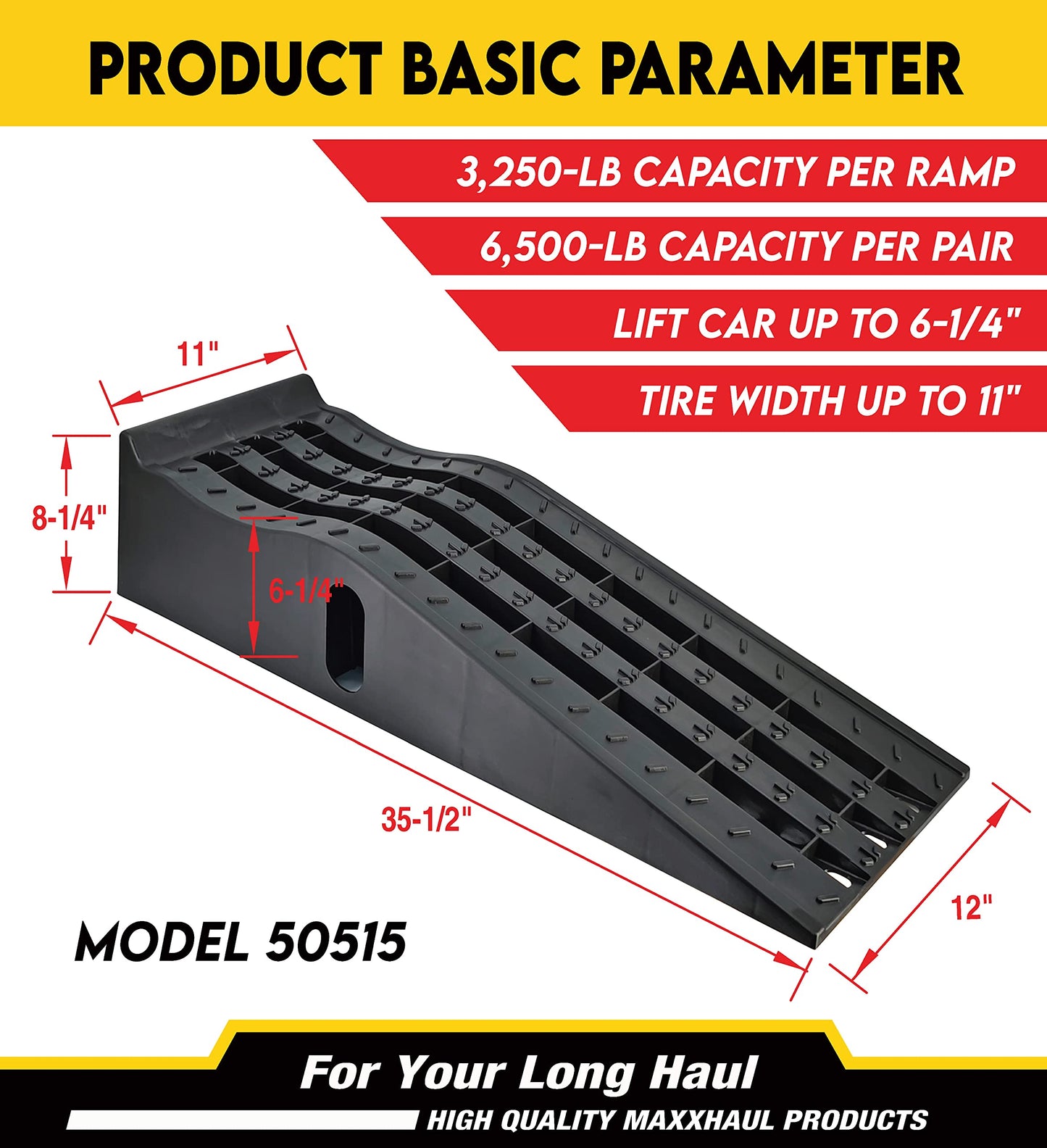 MaxxHaul 50515 6.25" Lift Car Ramps, 2-Pack – 13,000lb GVW, Deep Grooved Surface for Stable Tire Placement, Heavy-Duty, Black