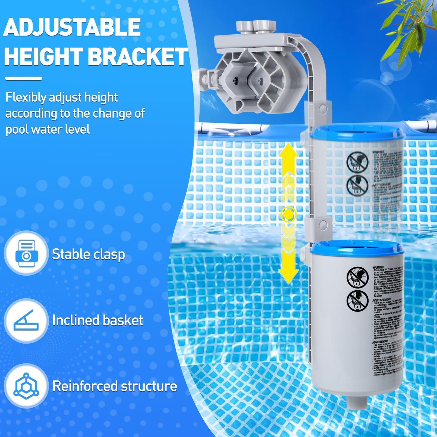 Sinbyuer Above Ground Pool Skimmer, Height Adjustable Wall Mount Pool Skimmer, Enhanced Structure Floating Pools Surface Skimmers for Above Ground Pools, Maintenance Kit-Auto Skimming Surface Debris