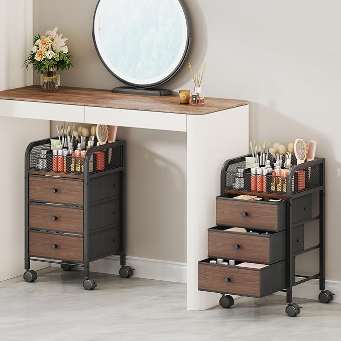 SWTYMIKI Rolling Makeup Organizer Cart - Under Desk Vanity Makeup Storage with 3 Non-woven Drawers, Nail Cart Organizer Cosmetic Display Cases Cabinet for Skin Care Perfume Nail Polish Brush Hair Tool