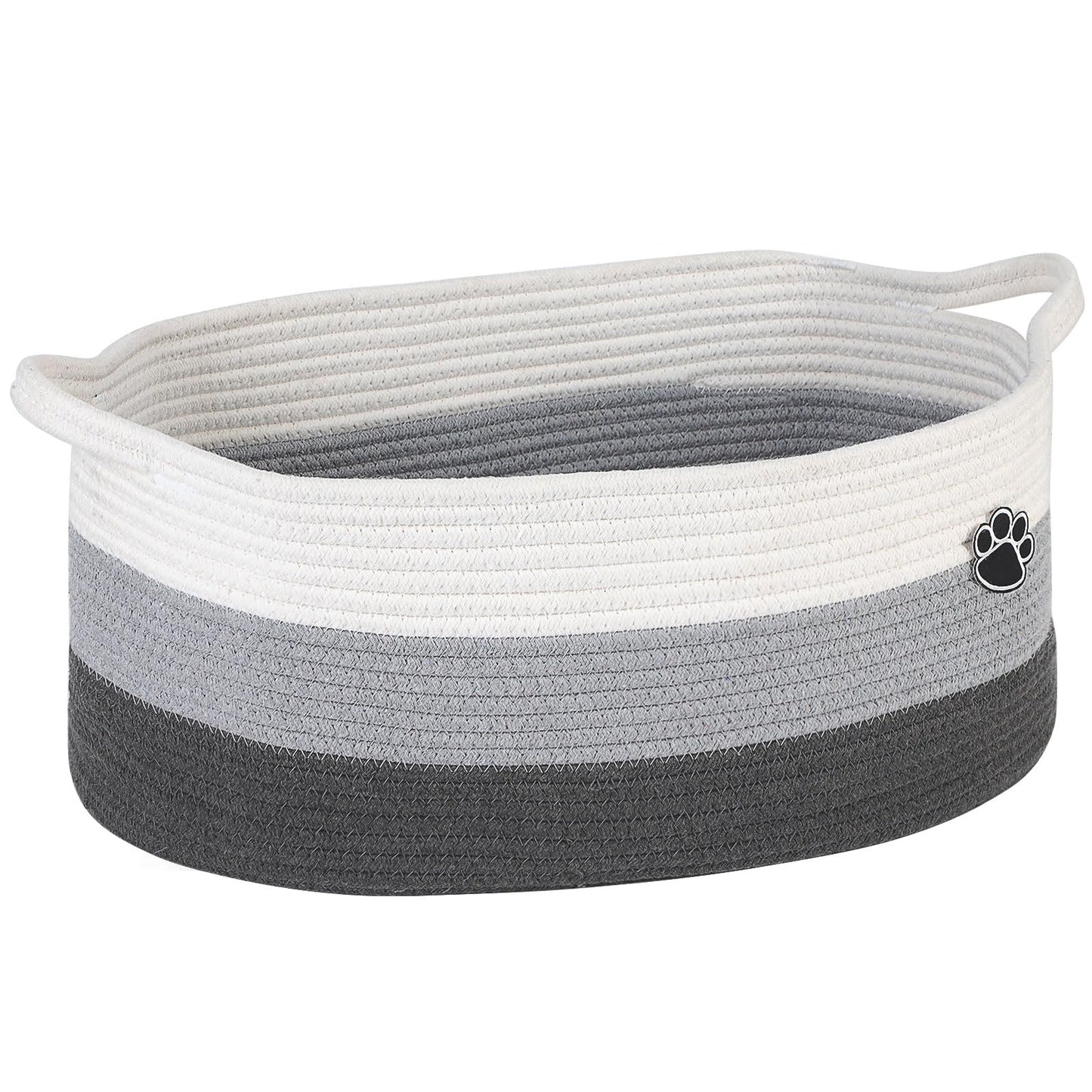 Optish Dog Toy Basket, Toy Box and Bin for Dog Cat Storage, 19.7" X 11" X 7.9" (30L) Large Woven Basket for Blanket Storage, Rope Baskets for Living Room, Bedroom, White & Grey