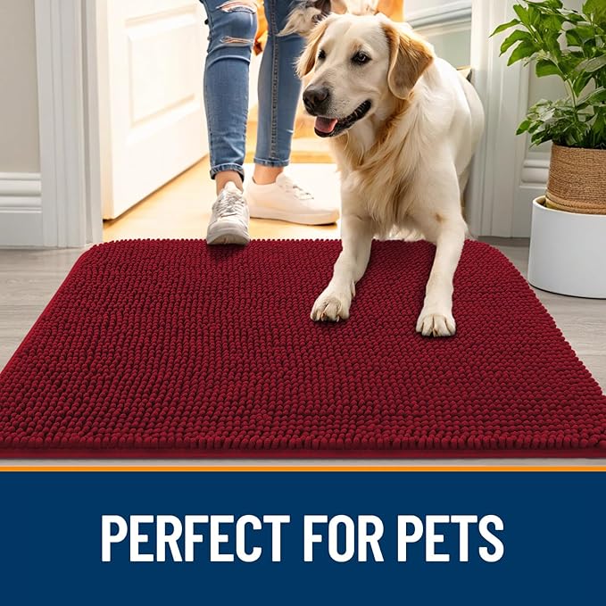 OLANLY Dog Door Mat for Muddy Paws 59x24, Absorbs Moisture and Dirt, Absorbent Non-Slip Washable Doormat, Quick Dry Chenille Mud Mat for Dogs, Entry Indoor Entryway Carpet for Inside Floor, Red