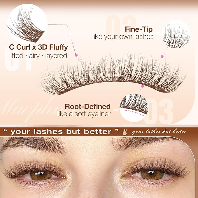 14MM Lash Clusters Brown Cluster Eyelash Extensions Natural Fluffy Individual Lashes C Curl Clear Band Cluster Lashes Reusable Wispy Dark Brown Lash Extensions For Full Glam