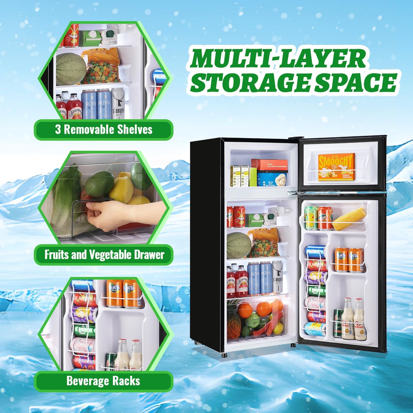 DEMULELR 4.5Cu.ft Small Mini Refrigerator with Freezer Black Two Door Mini Fridge with Crisper Drawer & Extra Drink Space, LED Light, Apartment Size Fridge for Dorm Office 17.5" W x 18.5" D x 43" H