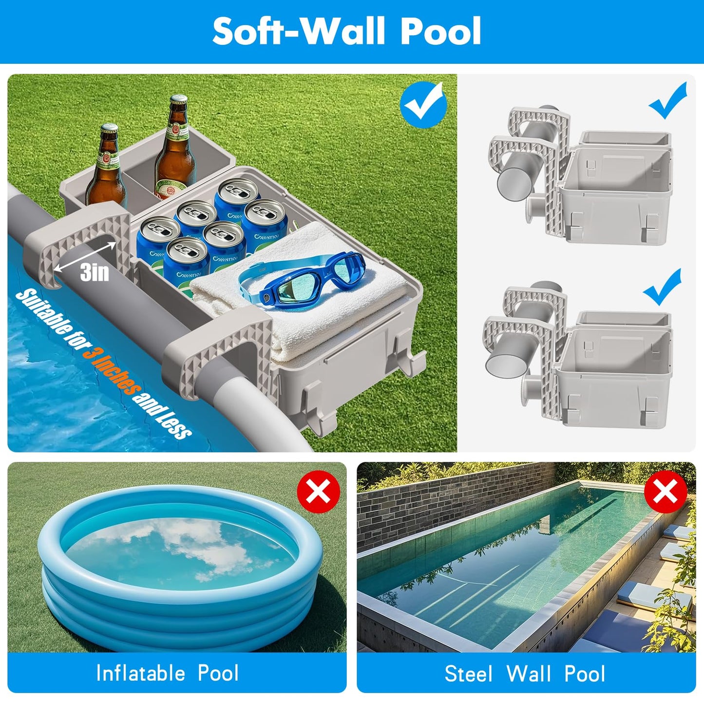 Poolside Storage Basket 2 Pack - Above Ground Pool Accessories, Swimming Pool Storage Baskets with Cup Holders,Fits 3” or Smaller Top Rails,Versatile Organizer for Pool Toys,Towels,Beverages (Beige)