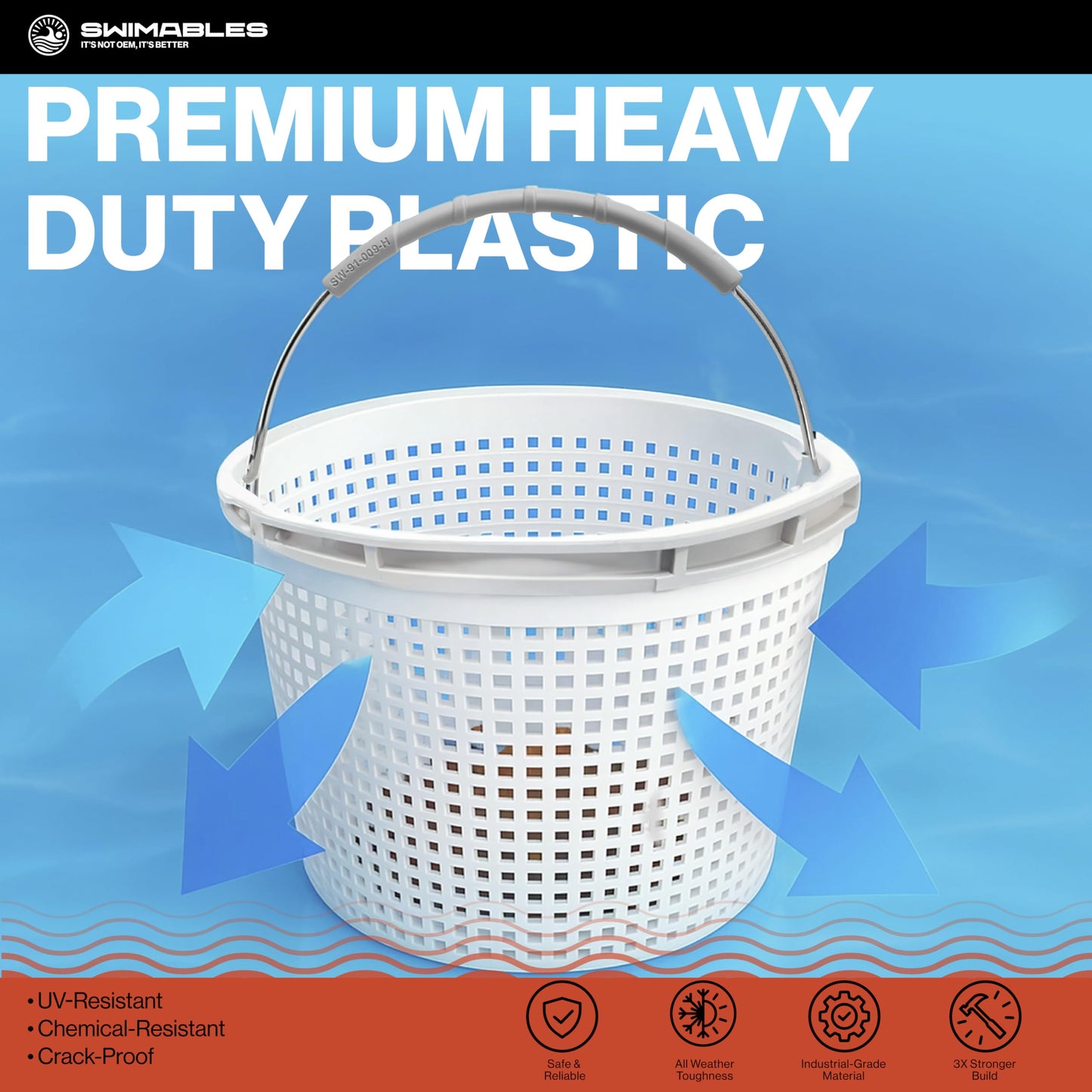 Swimables Pool Skimmer Basket Compatible with Waterway Skimmer Basket 542-3240 for Renegade Skimmers Pool Basket | Built-in Brass Weight | 316 Stainless Steel Handle & Convenient Rubber Grip