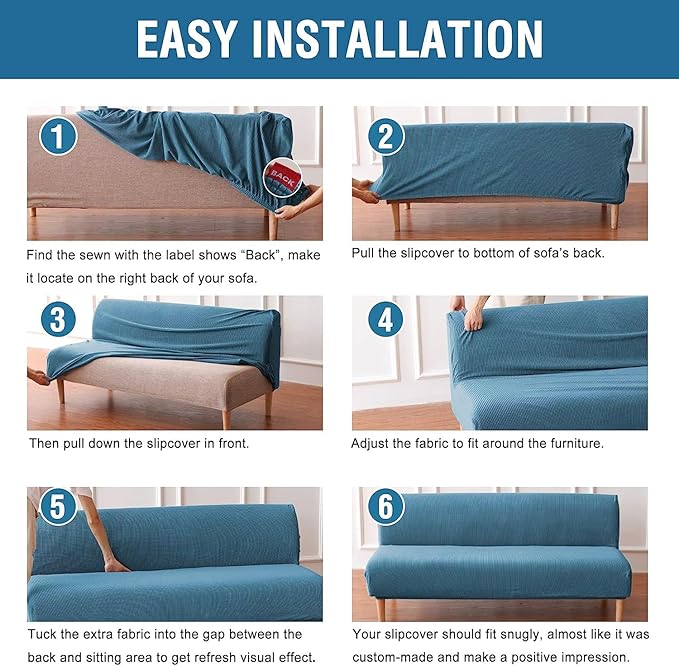 H.VERSAILTEX Armless Futon Cover Stretch Sofa Bed Slipcover Protector Elastic Feature Rich Textured High Spandex Small Checks Jacquard Fabric Futon Cover, Machine Washable, Dusty Blue