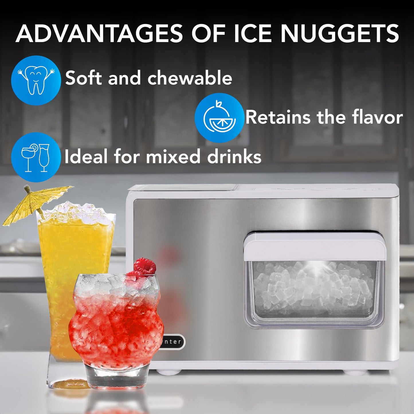 Whynter Nugget Ice Maker, Countertop Portable Ice Maker, IBX-388WS SonicSnö, Automatic Self-Cleaning with Removable Ice Drawer Compact Ice Maker for Home Bar, 40 lbs/24H, Stainless Steel and White