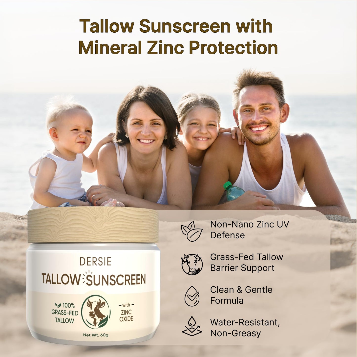 Dersie Tallow Sunscreen SPF 50 – Mineral UV Defense with Non-Nano Zinc Oxide – Face & Body Sun Protection for Adults & Kids – with 100% Grass-Fed Beef Tallow for Skin Comfort (2.1 oz)
