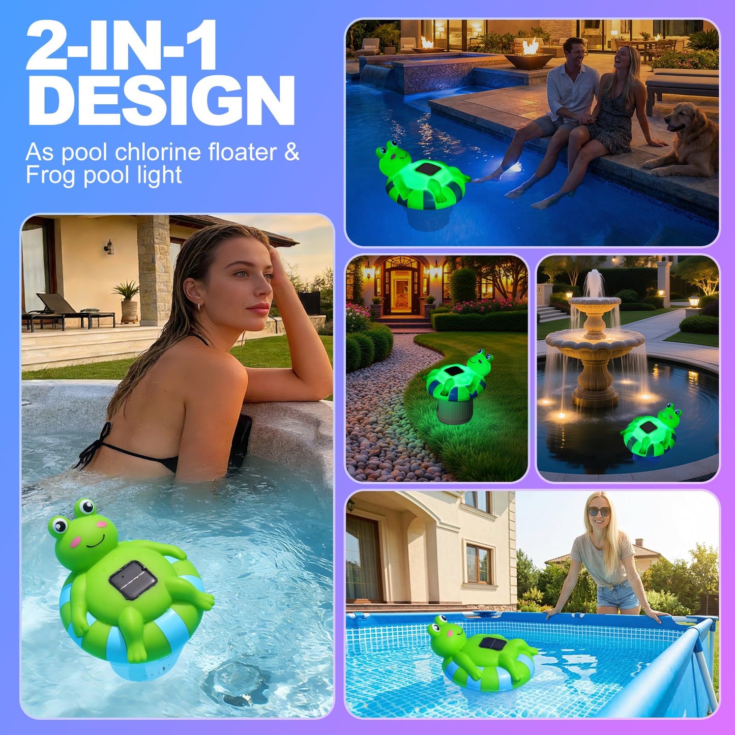 Blufree Pool Chlorine Floater, Frog Solar Chlorine Floater Glow in The Dark Fits 4x3'' Tablets, Adjustable Flow & Large Capacity Floating Chlorine Dispenser for Pool, Hot Tub Spa (Green, 9 in)
