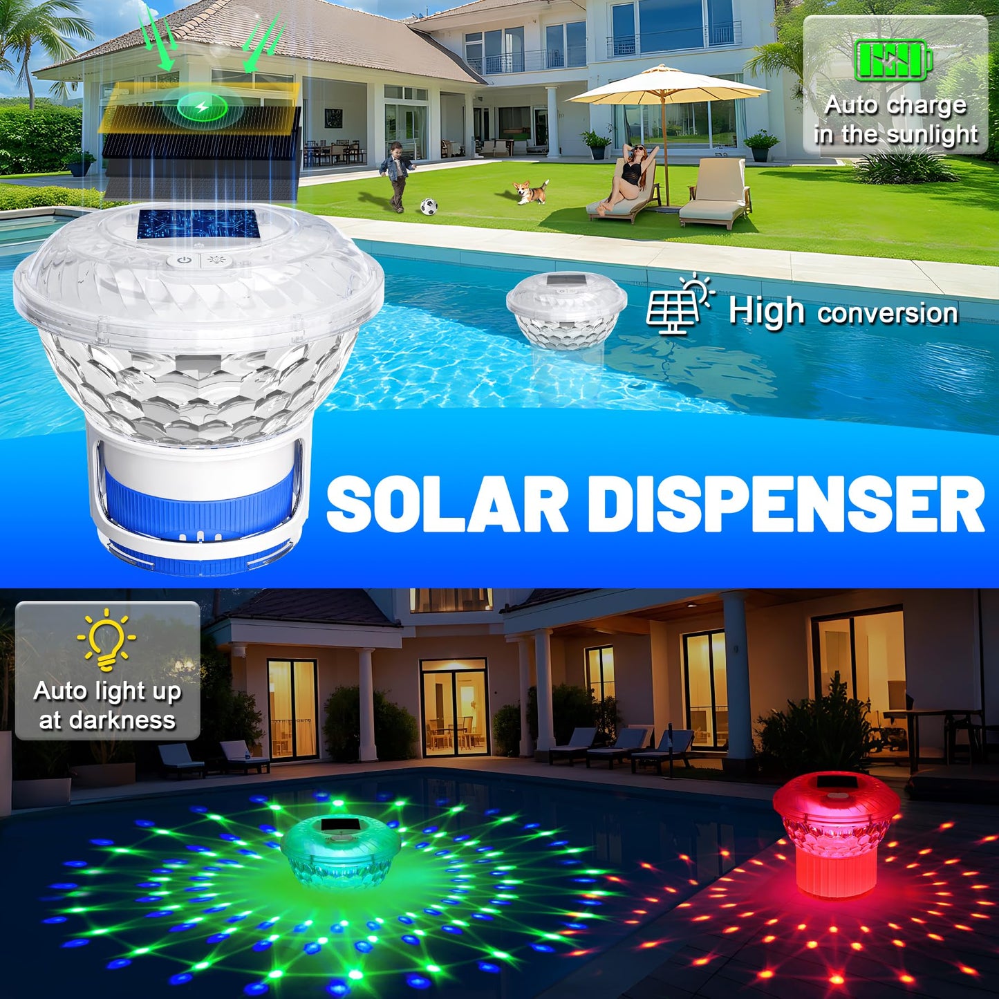KingSom 2025 Upgrade Pool Chlorine Floater,Solar Chlorine Floater with Lights,Buttons Control Floating chlorines Dispenser for Pool,Adjustable Flow Chlorines floaters,Hot Tub Chlorines Floaters, Blue