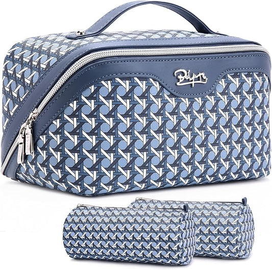 BOYATU Travel Makeup Bag Cosmetic Bags for Women: Large Capacity 3 Pcs Set Make up Bag with Compartments - Waterproof Vegan Leather Toiletry Organizer Bags with Handle (M-77Blue)