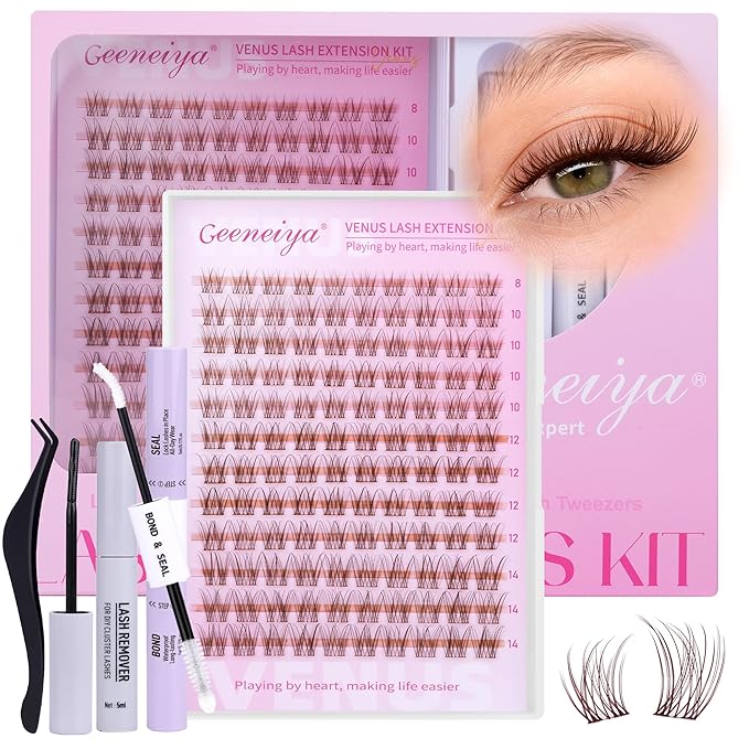 Geeneiya BROWN VENUS Lashes Clusters Kit DIY Lash Extension, 8-14MM Invisible Band Lash Clusters, C Curl Cluster Eyelash Extensions Kit with Waterproof Lash Bond and Seal, Lash Remover, Tweezers