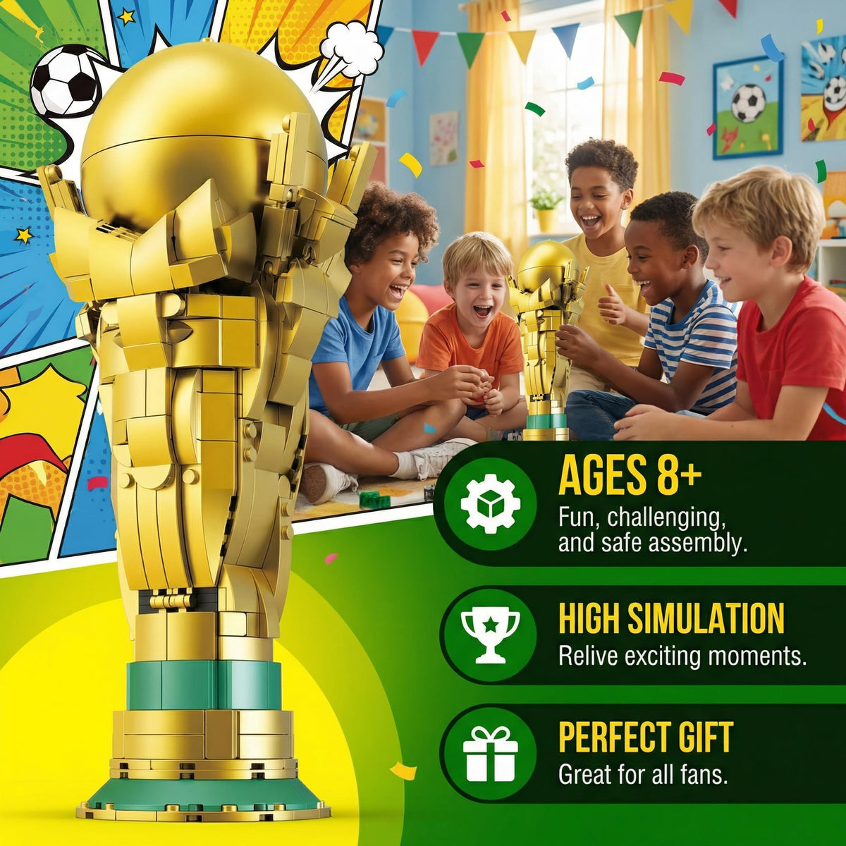 Lovinkiki Soccer Trophy Building Set - STEM Golden Footballl Cup Model for Display Iconic Gold Sports Desk, Home Decoration for Soccer Fans - 446PCS