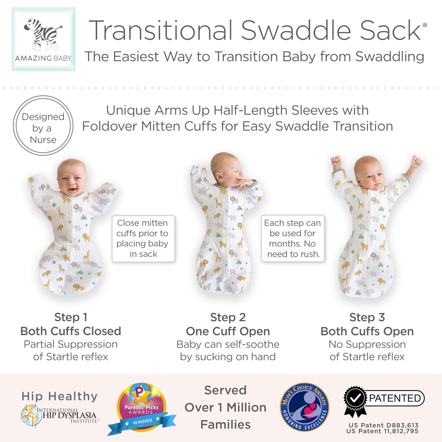 Amazing Baby Transitional Swaddle Sack, Arms Up Half-Length Sleeves & Mitten Cuffs, Swaddle for Newborn Transition to Baby Sleep Sack Wearable Blanket, Medium, 3-6 Month, 14-21 lb, On Safari
