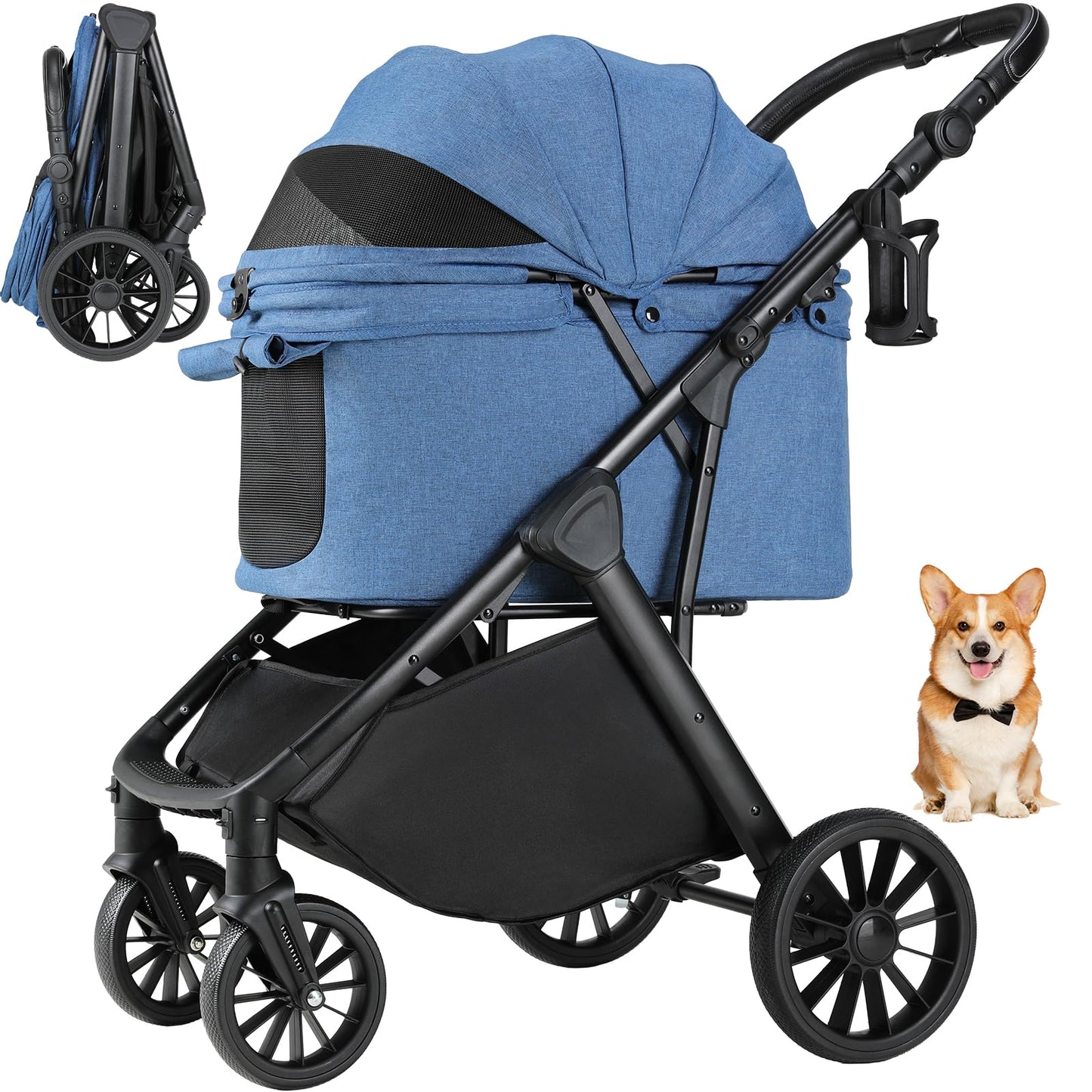 MAMIZO Foldable Dog Stroller for Medium Dogs Cats Up to 33 Lbs, Adjustable Height Handle, Pet Stroller with Aluminum and Carbon Steel Frame, Sun Shades, Storage Basket & Shock Absorbers, All-Terrain