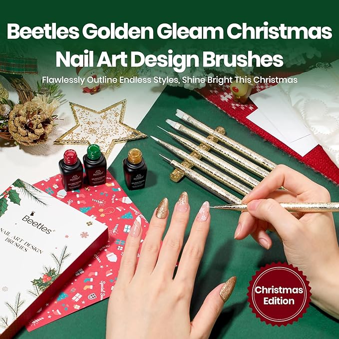 Beetles Christmas Nail Art Brushes 6pcs Ã¢ÂÂ Golden Gleam Nail Art Tools Liner Brushes for Nails Dotting Tool Gradient/French/Petal Manicure Design Pen with Star Palette Holder Nails Stickers Pouch Bag